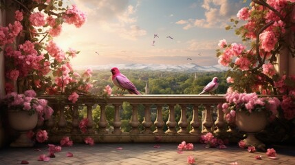 The beautiful rosa Background with terrace and free Bird