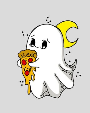 cute ghost  eating pizza