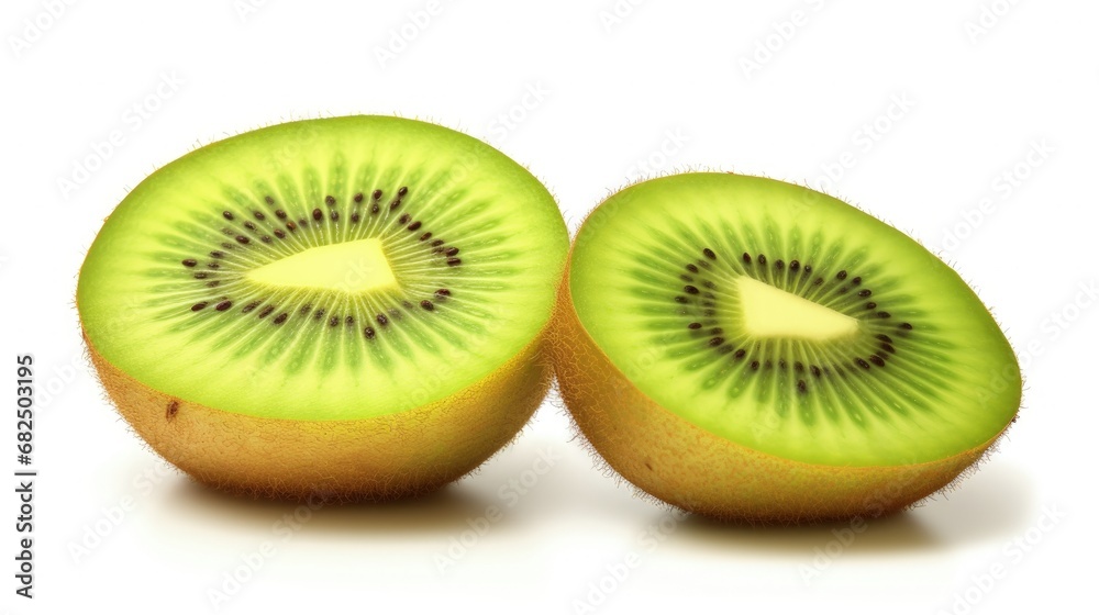 Poster Kiwi fruit two slice isolated on white background. Clipping Path. Full depth of field.