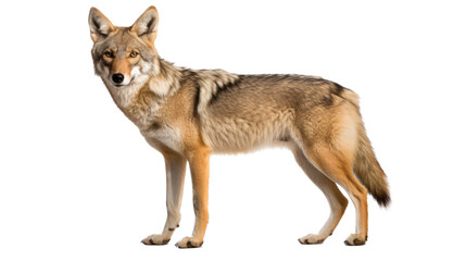 a coyote, standing, full body in an isolated and transparent PNG in a Wildlife-themed, photorealistic illustration. Generative ai