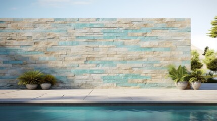 white natural stone wall on the edge of the pool with a natural stone pool bottom in turquoise green