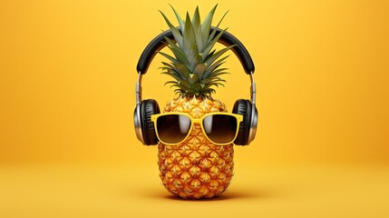 Fashion pineapple with sunglasses and headphones listens to music on smartphone over yellow background