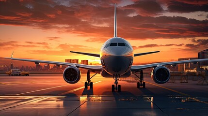View of the wing and engine of a long-range passenger aircraft, evening airport at sunset