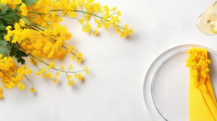 Festive table setting for the spring celebration of women's day, birthday or mother's day with yellow mimosa flowers on a light background. The concept of the restaurant menu. Top view and copy space. - obrazy, fototapety, plakaty