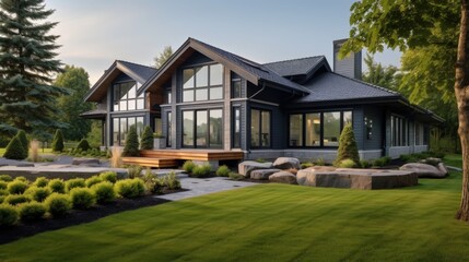 Beautiful exterior of newly built luxury home. Yard with green grass and nice landscape. - obrazy, fototapety, plakaty
