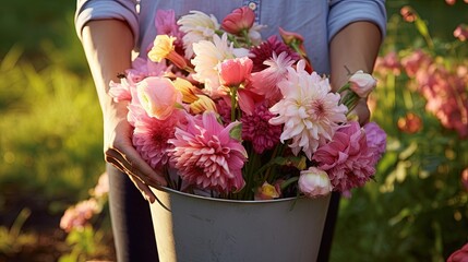 Close up of bucket full of fresh gladiolus and dahlia flowers harvested in summer garden. Senior woman farmer picked blooms grown organically - obrazy, fototapety, plakaty