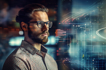 Handsome scientist in glasses analyzes charts on a holographic screen in a lab, combining data science and augmented reality for research.
