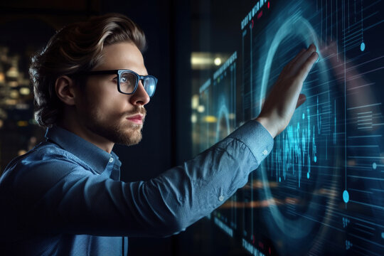 Side view of a handsome young data scientist wearing glasses working with data, touching a hologram screen in an office at night. Innovative technology in business. 