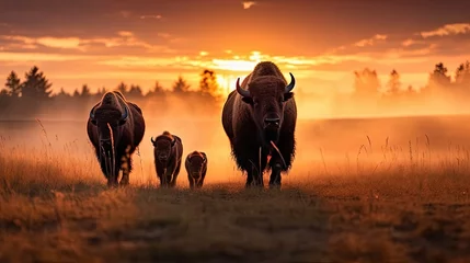 Crédence de cuisine en verre imprimé Buffle Bison herd with calves at sunrise at Fort Niobrara National Wildlife Refuge in Valentine, Nebraska, USA