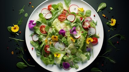 Plate of spring salad with vegetables and herbs.Healthy clean food