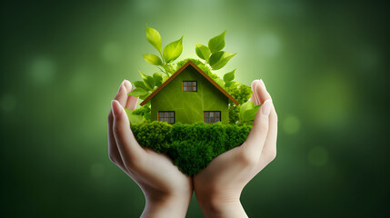 Des mains tenant une petite maison verte avec un toit en mousse, symbolisant le concept d'habitat écologique.  - obrazy, fototapety, plakaty