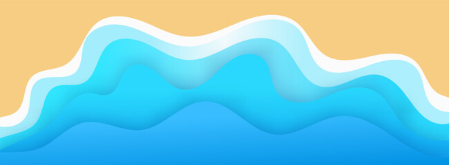 Sea shore waves and sand paper cut out colourful background top view cartoon style