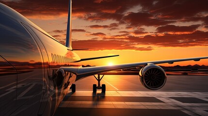 View of the wing and engine of a long-range passenger aircraft, evening airport at sunset - obrazy, fototapety, plakaty