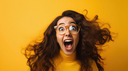 Excited happy young woman in glasses screaming.