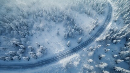 Obraz premium Curvy windy road in snow covered forest, top down aerial view.