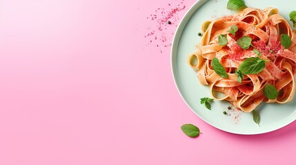 Above view with pappardelle pasta in a pink plate on a pink table. Homemade pasta with with pesto sauce minimalist on a pink background. - obrazy, fototapety, plakaty