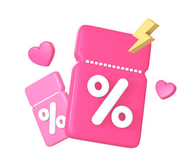 3d promo discount coupon or voucher code with love icon illustration for UI UX web mobile apps social media ads