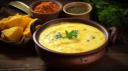 Close-up of Indian traditional kadhi or kadi pakora yogurt and gram flour and turmeric served hot in a bowl. Over a wooden background. - obrazy, fototapety, plakaty