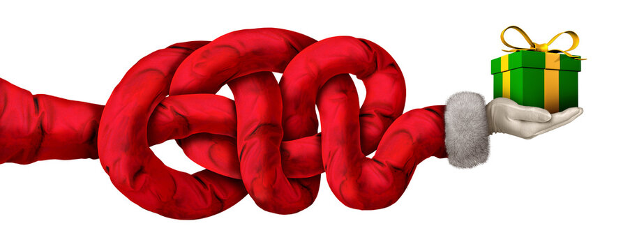 Fun Holiday Giving as a Santa Claus arm in a funny shape delivering a gift as a humorous Christmas season or New Year celebration symbol for sharing and gifting or shipping and delivery of a parcel a