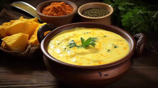 Close-up of Indian traditional kadhi or kadi pakora yogurt and gram flour and turmeric served hot in a bowl. Over a wooden background.