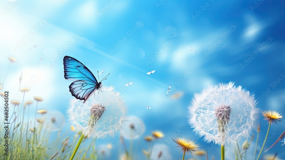 Poster natural pastel background. morpho butterfly and dandelion. seeds of a dandelion flower on a backgrou