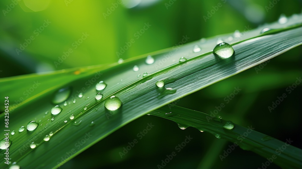 Poster very beautiful macro image of natural illuminated water droplets on surface of green leaf or stem of