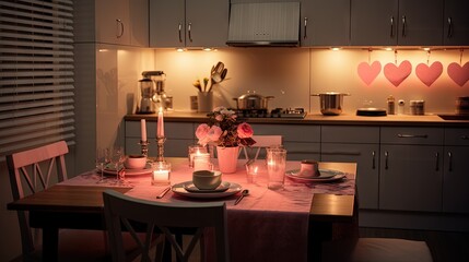 Interior of light kitchen with dining table served for Valentine's Day