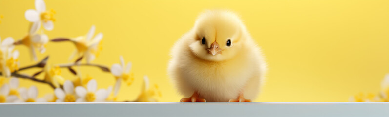 baby chick next to flowers, copy space for text, easter egg hunt, easter holiday, isolated, easter background