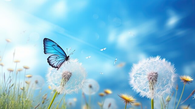 Fototapeta Natural pastel background. Morpho butterfly and dandelion. Seeds of a dandelion flower on a background of blue sky with clouds. Copy spaces
