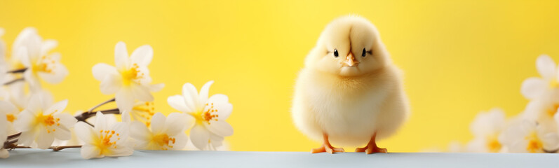 baby chick next to flowers, copy space for text, easter egg hunt, easter holiday, isolated, easter background