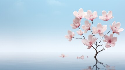  a tree with pink flowers in the middle of a body of water with a blue sky in the back ground and a few small white butterflies in the foreground.
