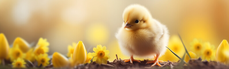 baby chick in the flowers, easter egg hunt, easter holiday, isolated with copy space, easter background