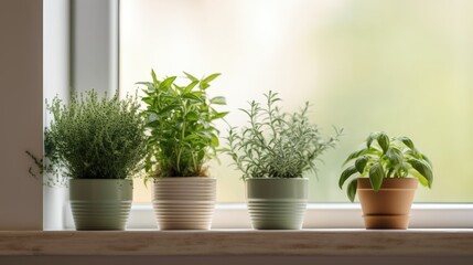 Different aromatic potted herbs near window indoors, closeup. Space for text