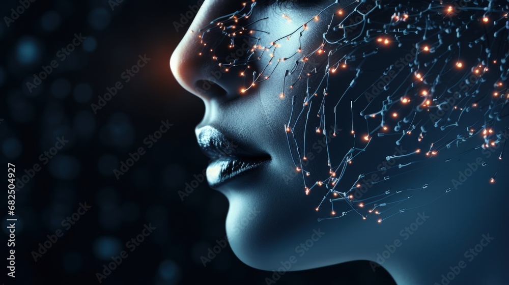 Leinwandbilder big data, machine learning and artificial intelligence concept with outline of human face made from 