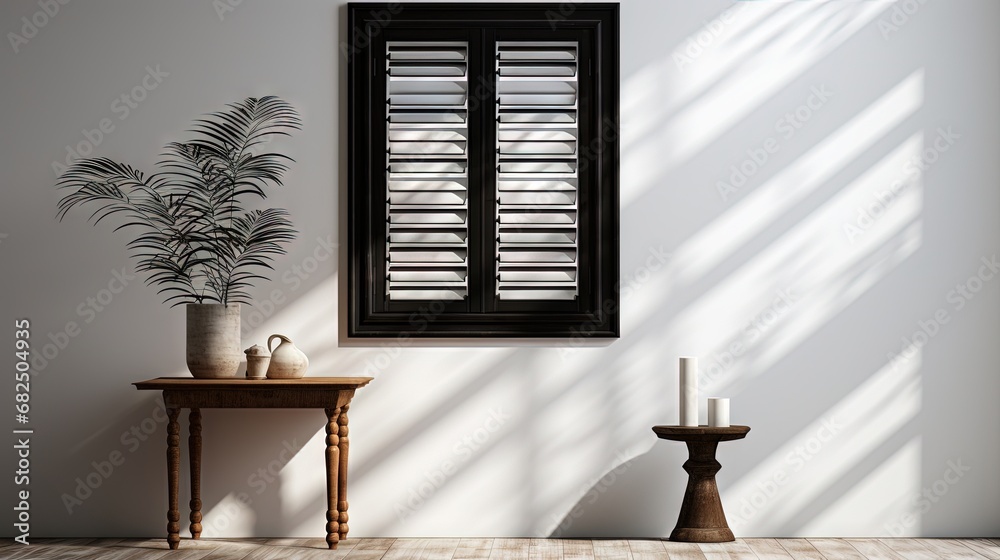 Poster Frame of a wooden black window with white curtain and open shutters