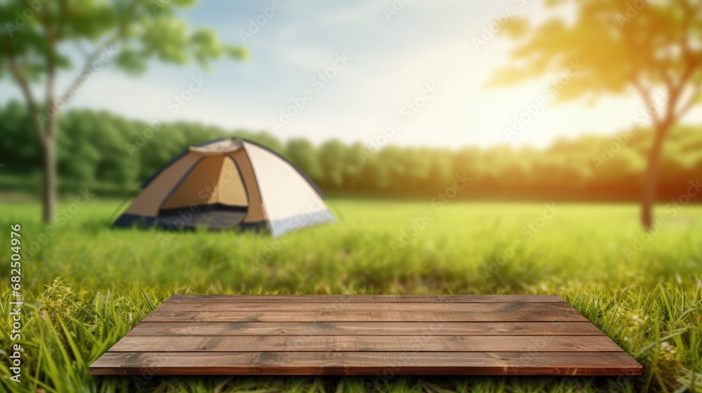 Leinwandbilder wooden table top on blur tent camping travel tent and grass field. fresh and relax concept. for mont