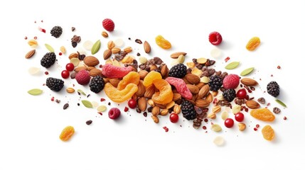 Cereals with dried fruits and berries in the air isolated on white - obrazy, fototapety, plakaty