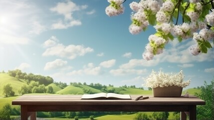 Wooden desk of free space and spring landscape