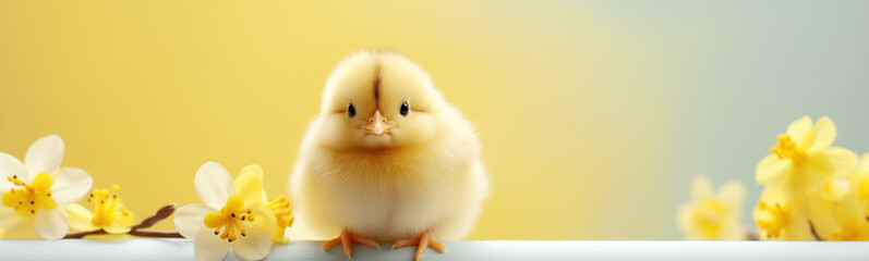 baby chick next to flowers, copy space for text, easter egg hunt, easter holiday, isolated, easter background