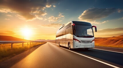White Modern comfortable tourist bus driving through highway at bright sunny sunset. Travel and coach tourism concept. Trip and journey by vehicle - obrazy, fototapety, plakaty