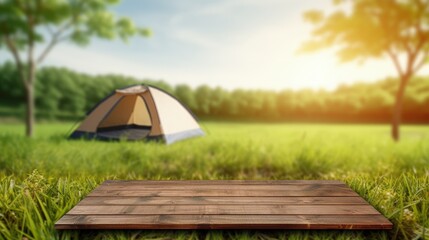 Wooden table top on blur tent camping travel tent and grass field. Fresh and Relax concept. For montage product display or design key visual layout. View of copy space. - obrazy, fototapety, plakaty