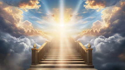 Fotobehang Stairs with sun beams . Way to heaven . Beautiful sky . © HN Works