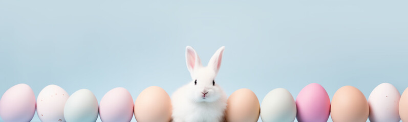 Obraz premium Title: Cute Easter Bunny Pet Rabbit With Easter Eggs, Copy Space For Easter Background, White Bunny Background, Pastel Colors, Easter Celebration, Easter Egg Hunt
