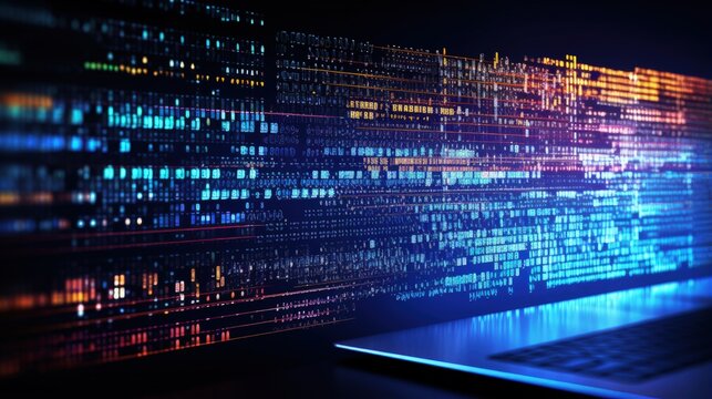 Application web source code on monitor. Big data concepts working in cyberspace environment. Code on dark background. Mobile app developer. Code of javascript language on white background