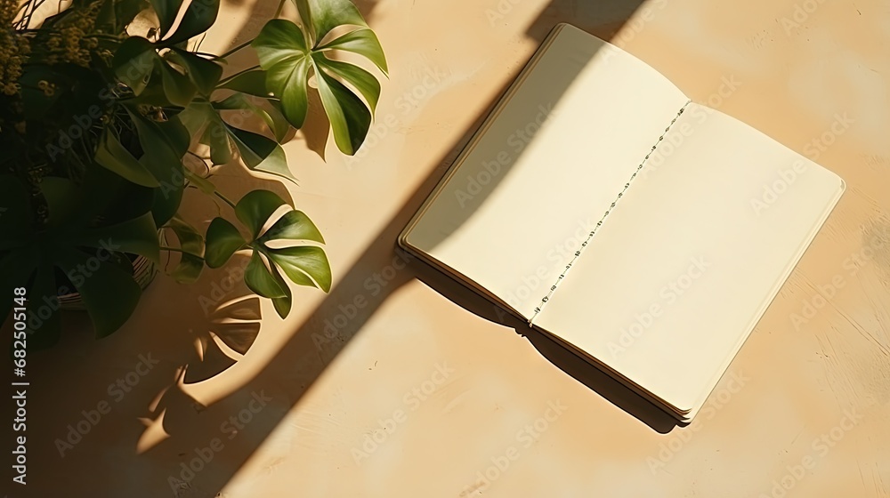 Poster the shadow of a home plant falls on a blank sheet of an open notebook. a simple concept of planning 
