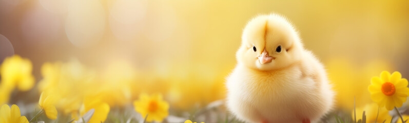 baby chick in the flowers, easter egg hunt, easter holiday, isolated with copy space, easter background - obrazy, fototapety, plakaty