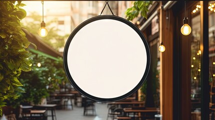 Blank minimal circular shop signboard mockup for design. Street hanging sign board for logo presentation with light garland amond the leaves. Metal cafe restaurant or bar badge black white round.