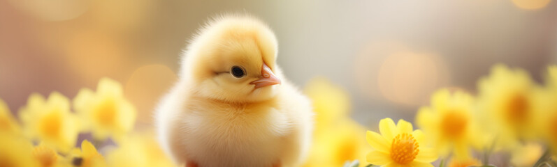 baby chick in the flowers, easter egg hunt, easter holiday, isolated with copy space, easter background