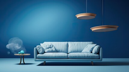 Furniture flying in blue background.Living room furniture.Concept for home decor advertising.3d rendering