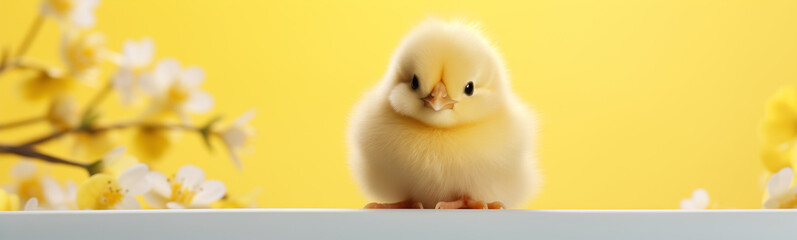 baby chick next to flowers, copy space for text, easter egg hunt, easter holiday, isolated, easter background